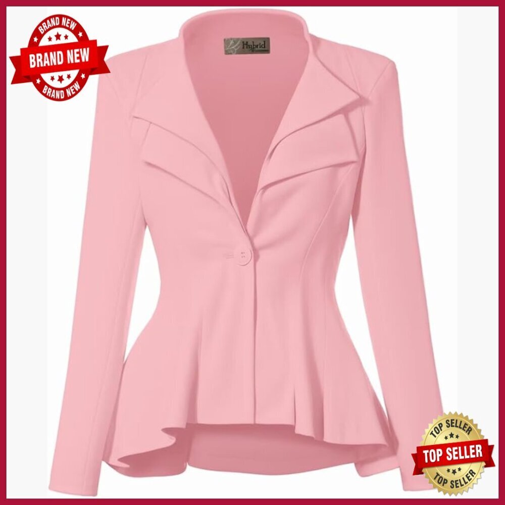 Stretch Peplum Blazer for Work, Double Lapel, Machine Washable, Sizes XS-5X